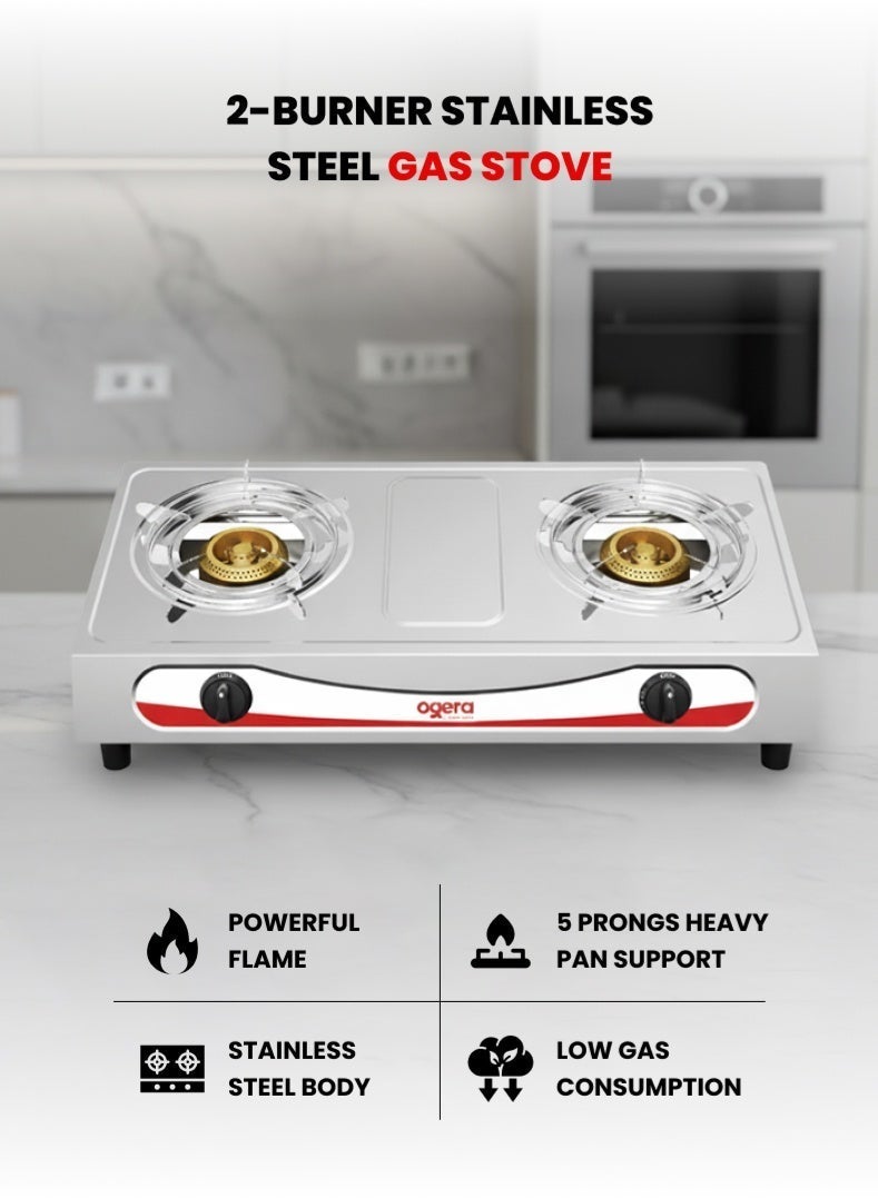 Ogera Stainless Steel Double Gas Burner Stove – 2 High-Efficiency Burners, Low Gas Consumption, Easy to Clean, Rust-Resistant Body, Compact & Portable Design – Silver, OG3011GC, 2-Year Warranty - Image 1