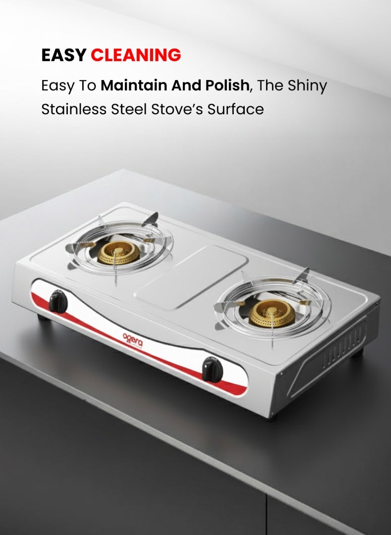 Ogera Stainless Steel Double Gas Burner Stove – 2 High-Efficiency Burners, Low Gas Consumption, Easy to Clean, Rust-Resistant Body, Compact & Portable Design – Silver, OG3011GC, 2-Year Warranty - Image 2