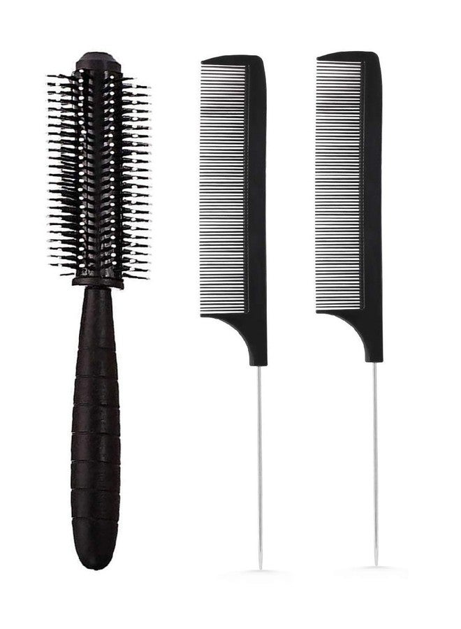 E-DUNIA Best Combo of Beuty Hair Brush For Blow Drying Roller Hair Brush (1) & Black Carbon Rat tail, Sectioning comb with Steel Handle with Non-skid Paddle for hair styling (2) [ Pack Of 3 ] - Image 1