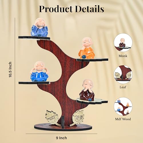 HindCraft Decorative Buddha Monk Figurines Set of 4 with Tree and Wooden Base | Baby Monks for Meditation & Calm Home Décor - Image 2