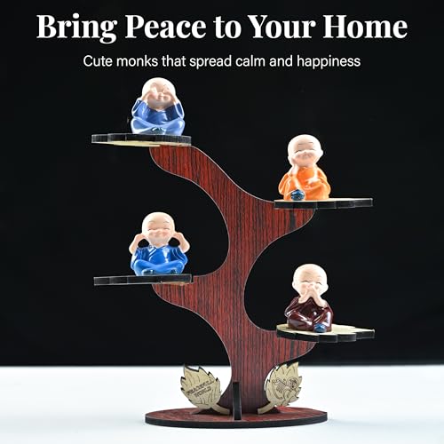 HindCraft Decorative Buddha Monk Figurines Set of 4 with Tree and Wooden Base | Baby Monks for Meditation & Calm Home Décor - Image 5