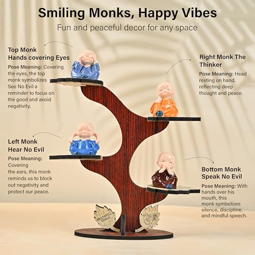 HindCraft Decorative Buddha Monk Figurines Set of 4 with Tree and Wooden Base | Baby Monks for Meditation & Calm Home Décor - Image 4