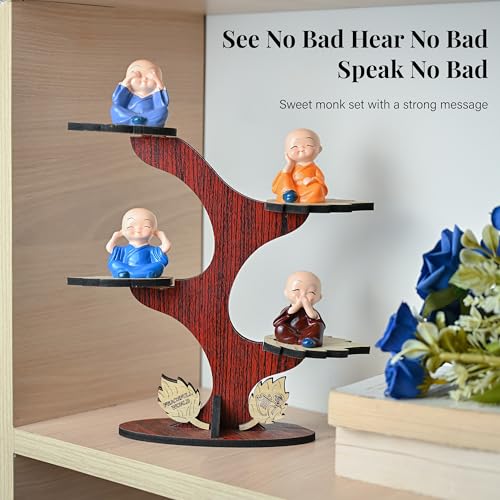 HindCraft Decorative Buddha Monk Figurines Set of 4 with Tree and Wooden Base | Baby Monks for Meditation & Calm Home Décor - Image 3