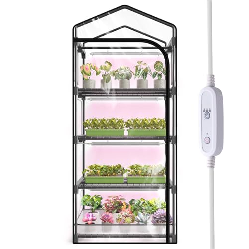 SpeePlant Mini Indoor Greenhouse with Grow Light, 4-Tier Plant Stand with Zippered Cover, Ventilation Window, Bottom Pouch, 20W Full Spectrum Plant Light with Timer for Seedling, 27"L x 19"W x 63"H - Image 1