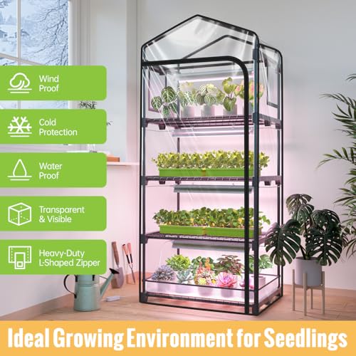 SpeePlant Mini Indoor Greenhouse with Grow Light, 4-Tier Plant Stand with Zippered Cover, Ventilation Window, Bottom Pouch, 20W Full Spectrum Plant Light with Timer for Seedling, 27"L x 19"W x 63"H - Image 2