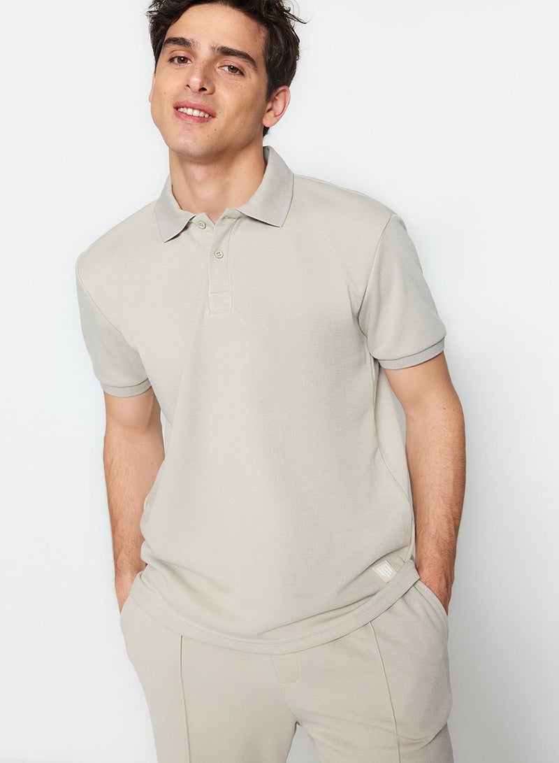 trendyol Stone Regular/Normal Cut Label Appliqué Polo Neck T-Shirt - Image 2