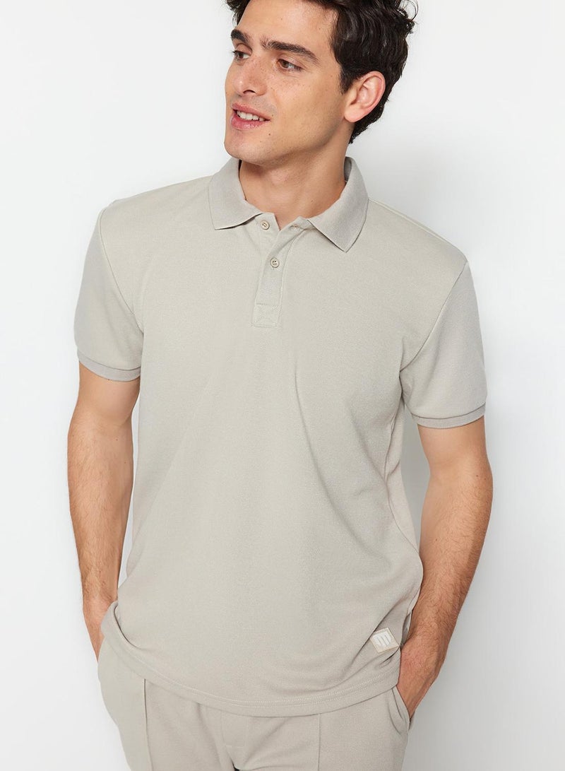 trendyol Stone Regular/Normal Cut Label Appliqué Polo Neck T-Shirt - Image 1