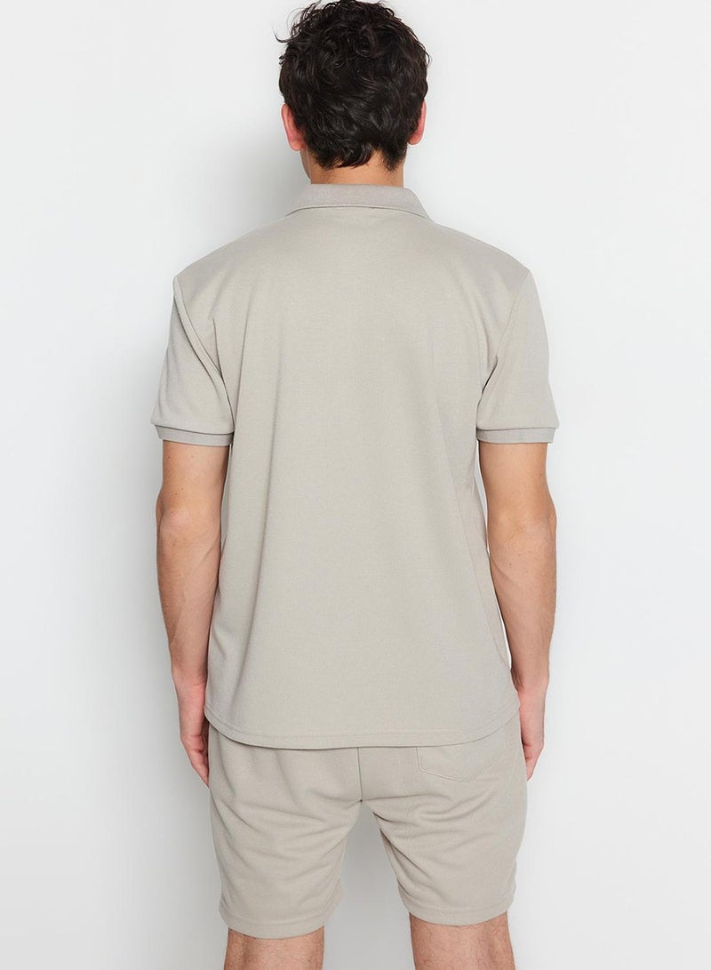 trendyol Stone Regular/Normal Cut Label Appliqué Polo Neck T-Shirt - Image 4