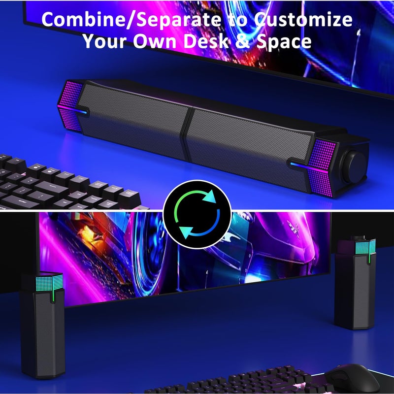 Jeecoo M20 Bluetooth Computer Speakers for PC Desktop Monitor, Gaming PC Sound Bar - Wired USB-Powered, Superb Stereo Sound, with Gradient RGB Lighting - Combine/Separate to Customize Your Desk - Image 2