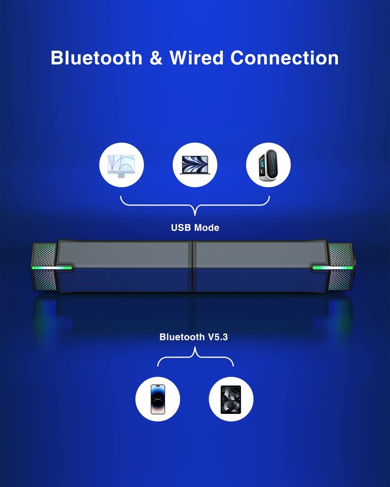 Jeecoo M20 Bluetooth Computer Speakers for PC Desktop Monitor, Gaming PC Sound Bar - Wired USB-Powered, Superb Stereo Sound, with Gradient RGB Lighting - Combine/Separate to Customize Your Desk - Image 5