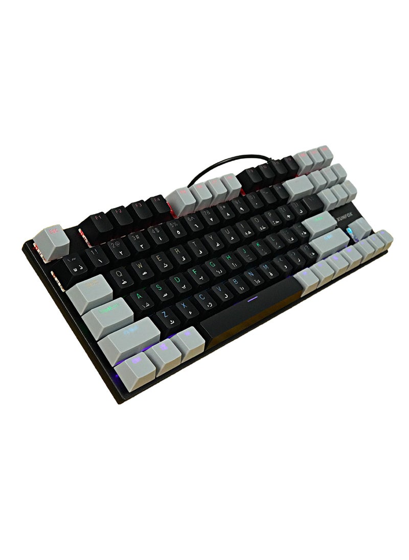 XUNFOX - English Arabic Mechanical Gaming Keyboard with RGB Backlit, USB Wired 87 Keys Blue Switch Keyboard for Windows PC Gamers Black Grey - Image 1
