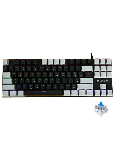 English Arabic Mechanical Gaming Keyboard with RGB Backlit, USB Wired 87 Keys Blue Switch Keyboard for Windows PC Gamers Black Grey