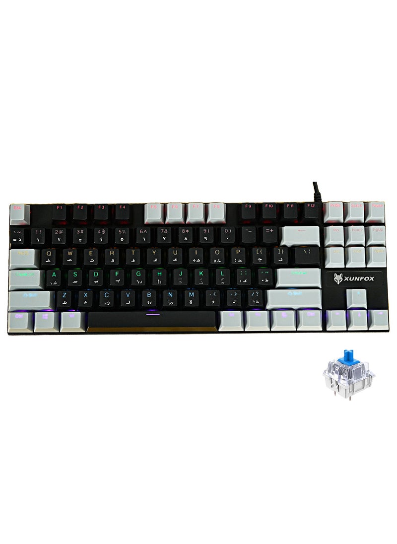 XUNFOX - English Arabic Mechanical Gaming Keyboard with RGB Backlit, USB Wired 87 Keys Blue Switch Keyboard for Windows PC Gamers Black Grey - Image 1