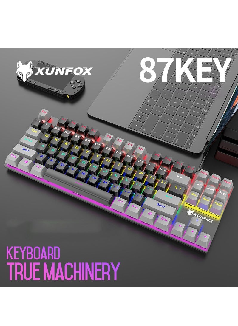 XUNFOX - English Arabic Mechanical Gaming Keyboard with RGB Backlit, USB Wired 87 Keys Blue Switch Keyboard for Windows PC Gamers Black Grey - Image 1