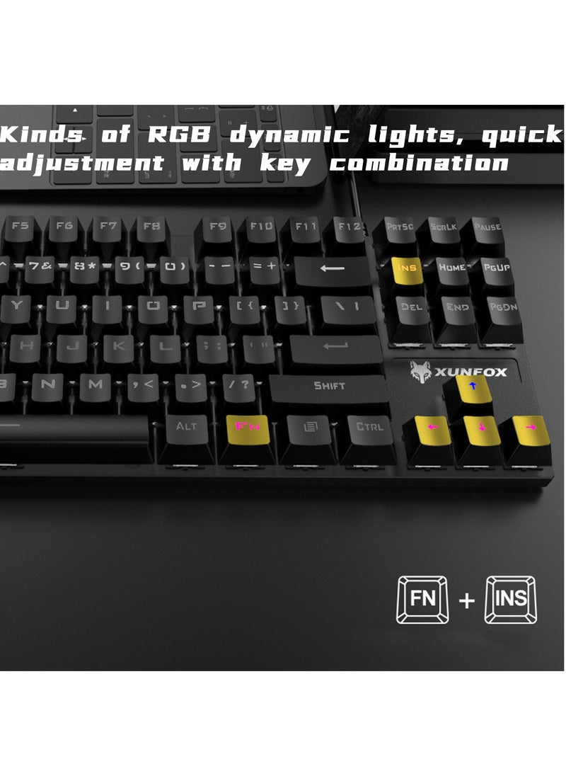 XUNFOX - English Arabic Mechanical Gaming Keyboard with RGB Backlit, USB Wired 87 Keys Blue Switch Keyboard for Windows PC Gamers Black Grey - Image 1