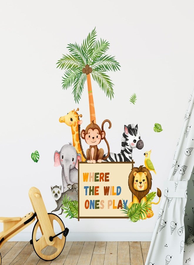 Supzone Jungle Animals Wall Decals Playroom Wall Stickers Where The Wild Ones Play Elephant Giraffe Lion Monkey Wall Decor for Kids Class Room Bedroom Baby Nursery Door Decor - Image 5