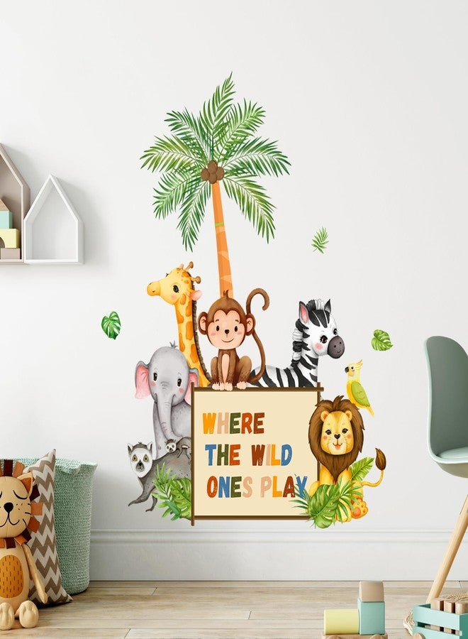 Supzone Jungle Animals Wall Decals Playroom Wall Stickers Where The Wild Ones Play Elephant Giraffe Lion Monkey Wall Decor for Kids Class Room Bedroom Baby Nursery Door Decor - Image 1