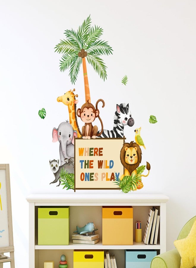 Supzone Jungle Animals Wall Decals Playroom Wall Stickers Where The Wild Ones Play Elephant Giraffe Lion Monkey Wall Decor for Kids Class Room Bedroom Baby Nursery Door Decor - Image 2