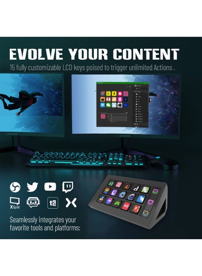 Stream Controller - Streaming Keyboard Deck with 15 LCD Macro Keys Customizable to Trigger Actions in OBS Twitch YouTube Compatible with PC & Mac for Content Creators Streaming Gaming