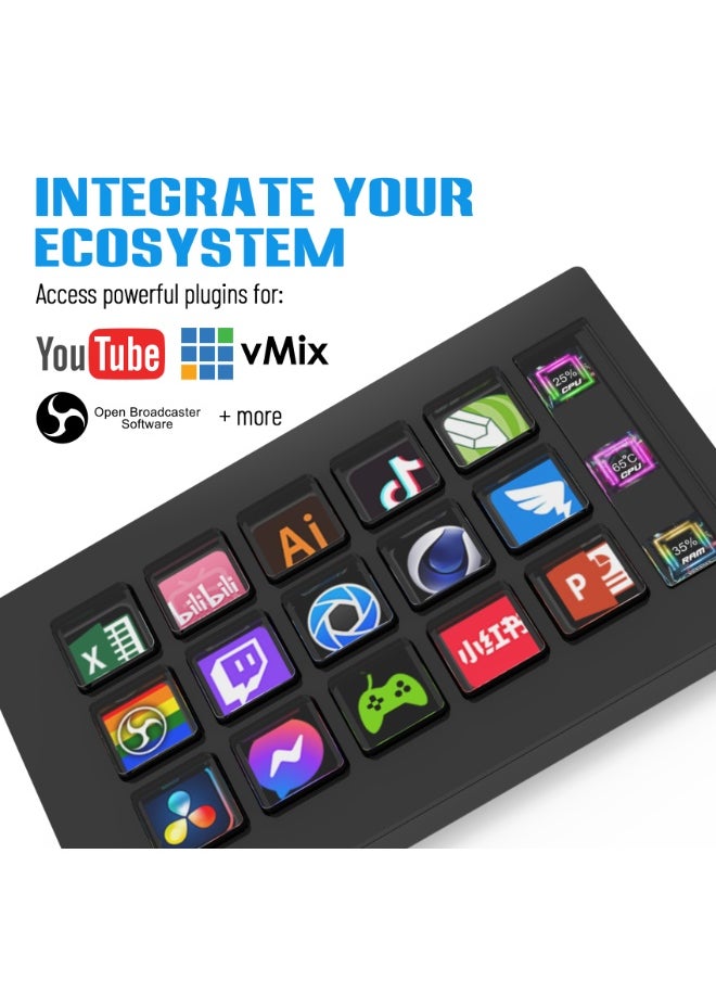 FlashHawk Stream Controller - Streaming Keyboard Deck with 15 LCD Macro Keys Customizable to Trigger Actions in OBS Twitch YouTube Compatible with PC & Mac for Content Creators Streaming Gaming  - Image 3