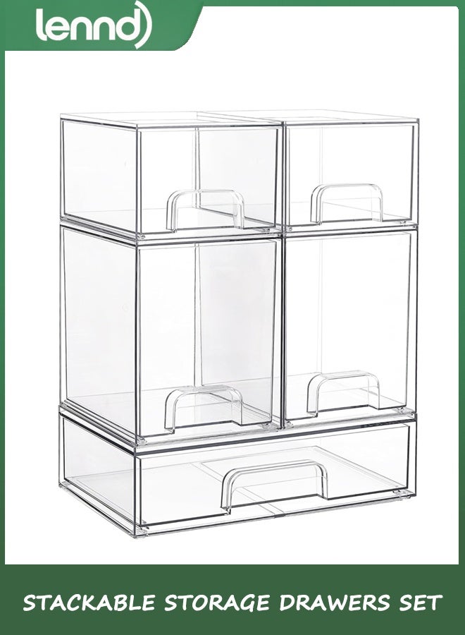 LENND Stackable Storage Drawers Set of 5, Clear Plastic Organizer Bins for Beauty Supplies,Ideal for Vanity, Bathroom,Cabinet,Pantry Organization - Image 1