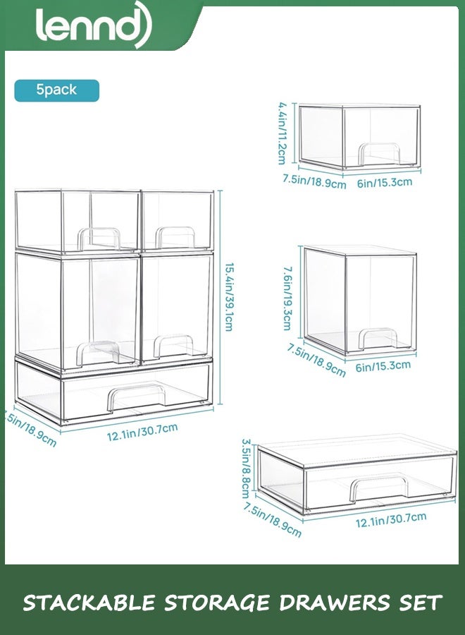 LENND Stackable Storage Drawers Set of 5, Clear Plastic Organizer Bins for Beauty Supplies,Ideal for Vanity, Bathroom,Cabinet,Pantry Organization - Image 3