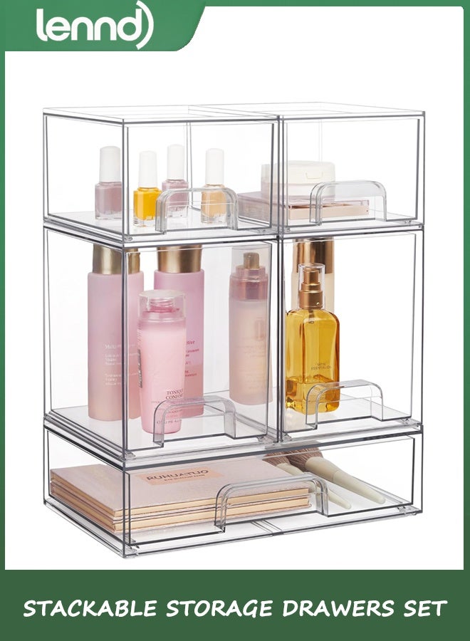 LENND Stackable Storage Drawers Set of 5, Clear Plastic Organizer Bins for Beauty Supplies,Ideal for Vanity, Bathroom,Cabinet,Pantry Organization - Image 4