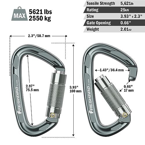 FresKaro 4inches Climbing Carabiner Clips Heavy Duty, UIAA Certified 25kN Auto Locking Carabiners, 7075 Aluminium, Lightweight, Rust Free, for Rappelling, Hiking etc, Spacegray, 3Pack - Image 3