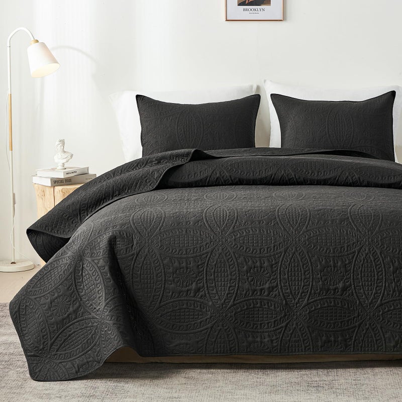 akkialla Queen Quilt Bedding Set Black Ultrasonic Full/Queen Quilt Set Lightweight Soft Bedspread Coverlet Modern Style Coin Pattern Bed Cover for All Seasons 3 Piece(1 Quilt 2 Pillow Shams) - Image 1