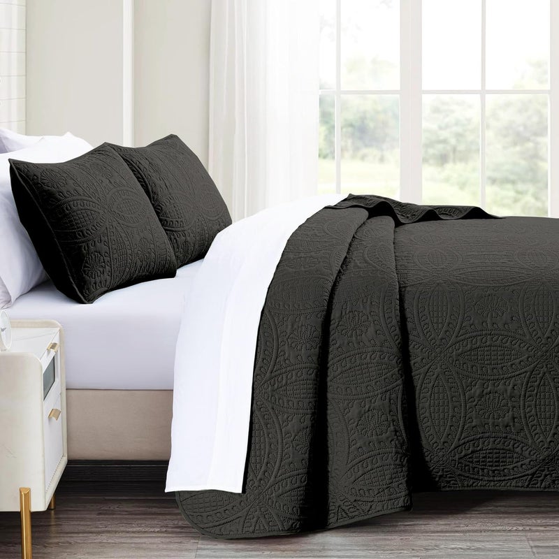 akkialla Queen Quilt Bedding Set Black Ultrasonic Full/Queen Quilt Set Lightweight Soft Bedspread Coverlet Modern Style Coin Pattern Bed Cover for All Seasons 3 Piece(1 Quilt 2 Pillow Shams) - Image 4