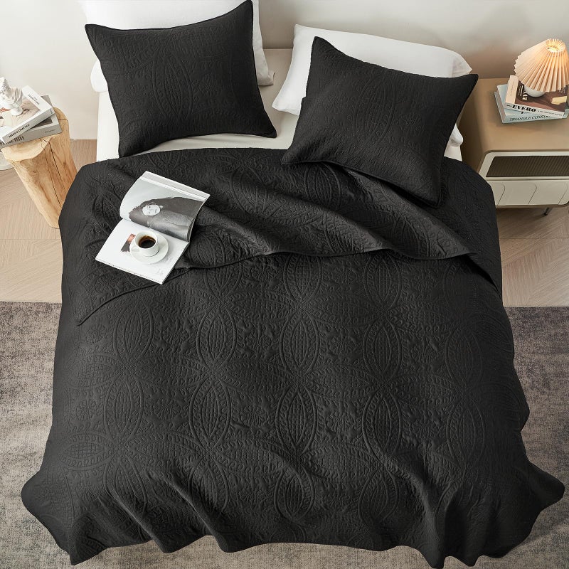 akkialla Queen Quilt Bedding Set Black Ultrasonic Full/Queen Quilt Set Lightweight Soft Bedspread Coverlet Modern Style Coin Pattern Bed Cover for All Seasons 3 Piece(1 Quilt 2 Pillow Shams) - Image 3
