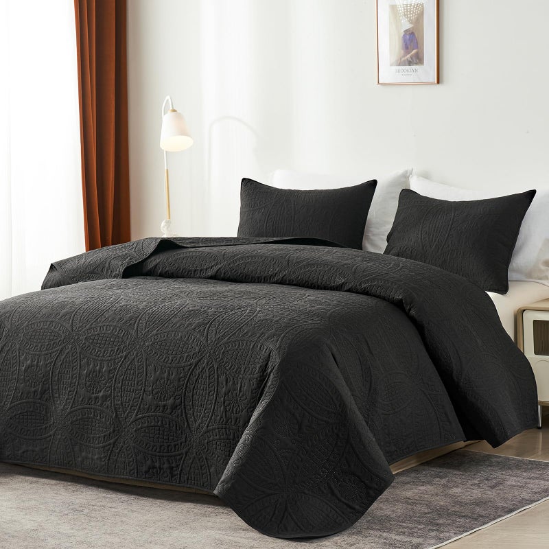 akkialla Queen Quilt Bedding Set Black Ultrasonic Full/Queen Quilt Set Lightweight Soft Bedspread Coverlet Modern Style Coin Pattern Bed Cover for All Seasons 3 Piece(1 Quilt 2 Pillow Shams) - Image 2