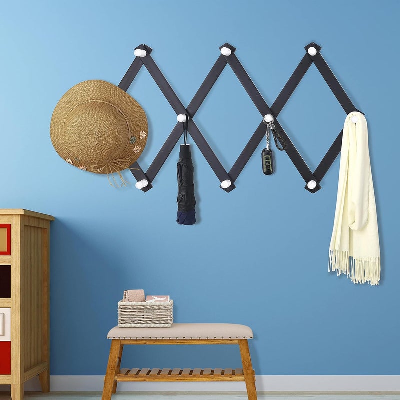Dseap Accordian Wall Hanger: Wooden Coat Rack Wall Mounted, Hat Racks for Baseball Caps, Mug Rack, 10 Peg Hooks, Black & White - Image 2