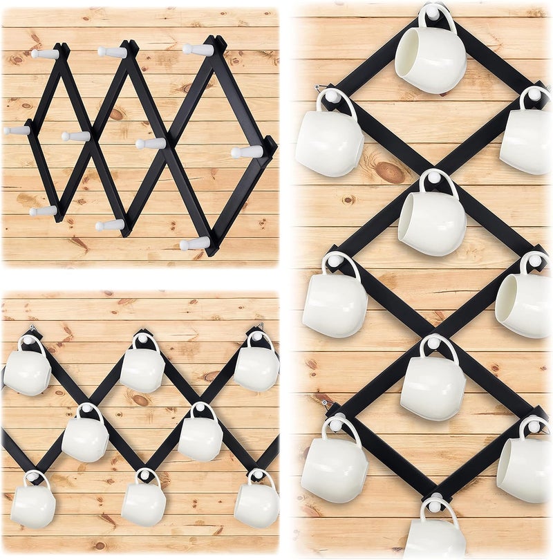 Dseap Accordian Wall Hanger: Wooden Coat Rack Wall Mounted, Hat Racks for Baseball Caps, Mug Rack, 10 Peg Hooks, Black & White - Image 4