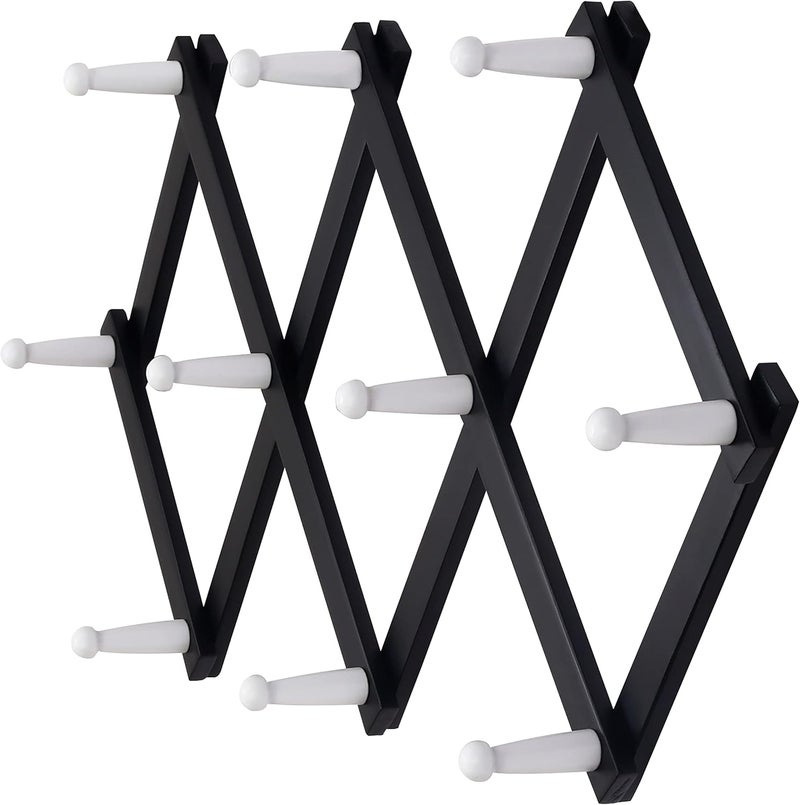 Dseap Accordian Wall Hanger: Wooden Coat Rack Wall Mounted, Hat Racks for Baseball Caps, Mug Rack, 10 Peg Hooks, Black & White - Image 1