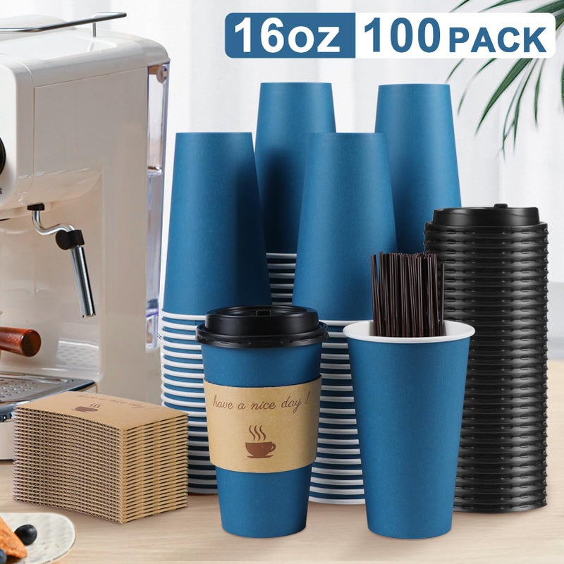 Clawsoff 100 Pack 16 oz Coffee Cups with Lids, Disposable To Go Paper Coffee Cups with Sleeves and Stirring Sticks for Hot/Cold Drinks Office Home Shop Event (Navy) - Image 3