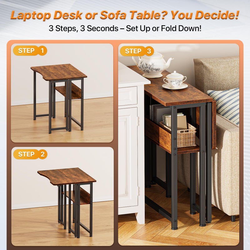 Huuger Folding Desk with Storage Shelf, 23.6 Inch Foldable Computer Table for Small Spaces, Space Saving Sofa Table for Couch, Writing Work Office Computer Desk, Easy to Fold, Rustic Brown - Image 3