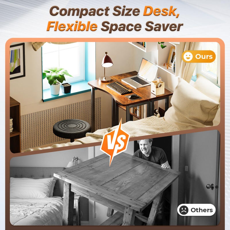 Huuger Folding Desk with Storage Shelf, 23.6 Inch Foldable Computer Table for Small Spaces, Space Saving Sofa Table for Couch, Writing Work Office Computer Desk, Easy to Fold, Rustic Brown - Image 2