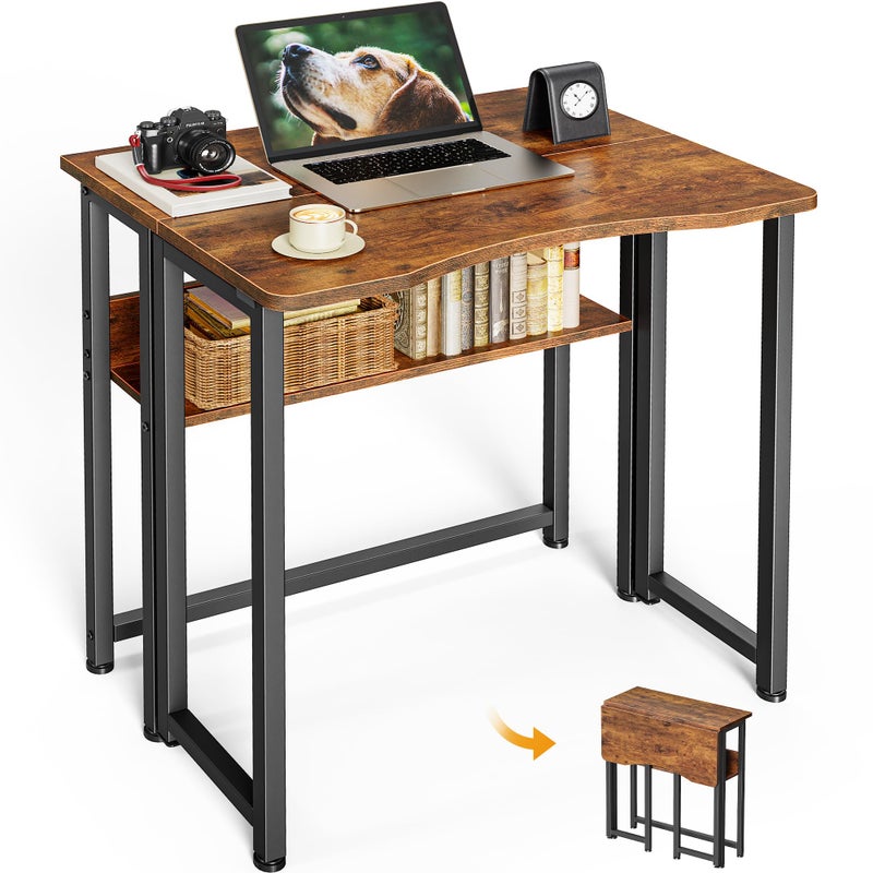 Huuger Folding Desk with Storage Shelf, 23.6 Inch Foldable Computer Table for Small Spaces, Space Saving Sofa Table for Couch, Writing Work Office Computer Desk, Easy to Fold, Rustic Brown - Image 1
