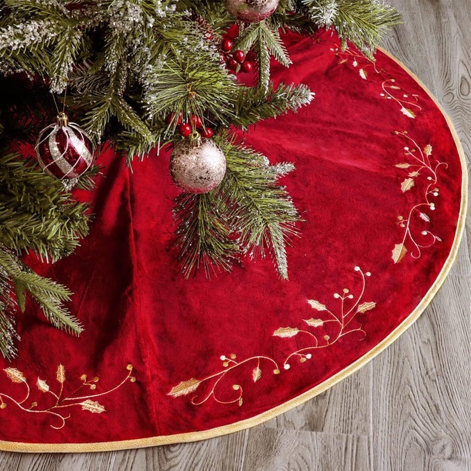 CHRISTMAS TREE SKIRT 48 INCHES RED LUXURY VELVET PLUSH FUR SKIRTS WITH GOLD EMBROIDERED HOLLY LEAF FOR RUSTIC XMAS TREE HOLIDAY DECORATIONS