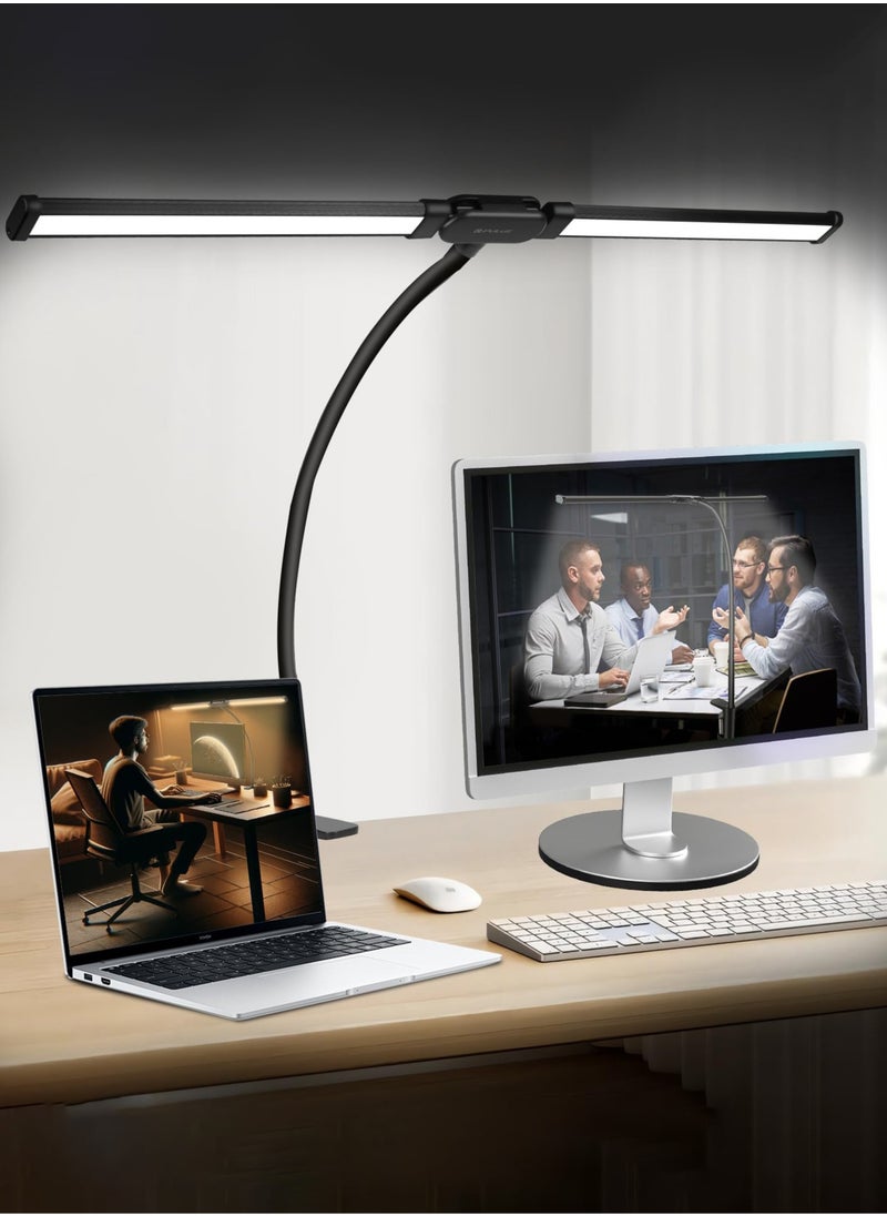 Led Desk Lamp for Home Office, Eye-Care Architect Light with Clamp, Double Head Computer Monitor Table Clip Lamp, 3 Color Mode 10 Level Dimmer Clip on Light, Adjustable Flexible Gooseneck