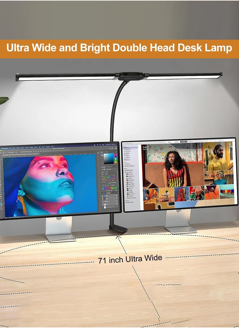 Led Desk Lamp for Home Office, Eye-Care Architect Light with Clamp, Double Head Computer Monitor Table Clip Lamp, 3 Color Mode 10 Level Dimmer Clip on Light, Adjustable Flexible Gooseneck
