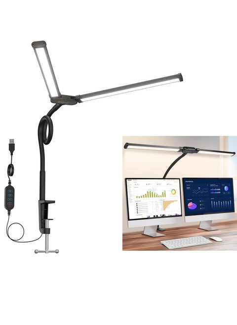 Led Desk Lamp for Home Office, Eye-Care Architect Light with Clamp, Double Head Computer Monitor Table Clip Lamp, 3 Color Mode 10 Level Dimmer Clip on Light, Adjustable Flexible Gooseneck