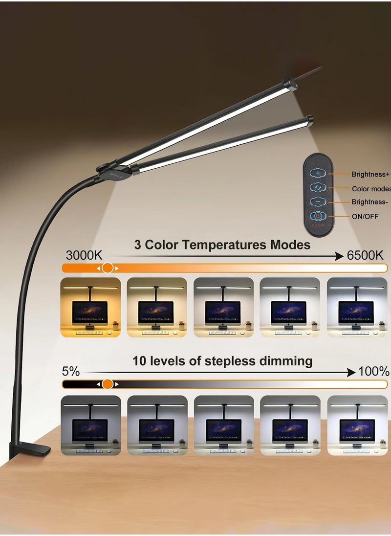 Led Desk Lamp for Home Office, Eye-Care Architect Light with Clamp, Double Head Computer Monitor Table Clip Lamp, 3 Color Mode 10 Level Dimmer Clip on Light, Adjustable Flexible Gooseneck