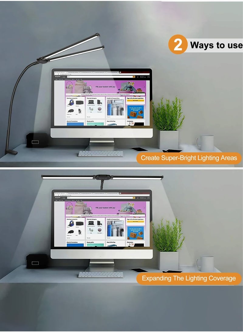 Led Desk Lamp for Home Office, Eye-Care Architect Light with Clamp, Double Head Computer Monitor Table Clip Lamp, 3 Color Mode 10 Level Dimmer Clip on Light, Adjustable Flexible Gooseneck