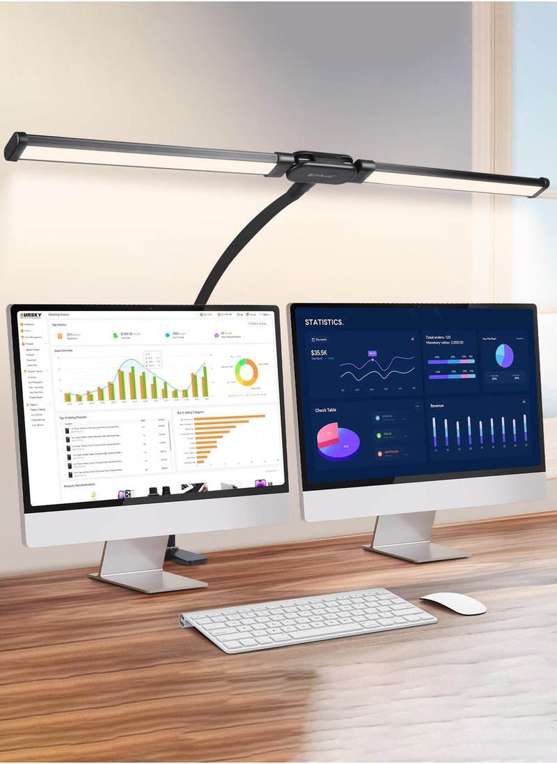 Led Desk Lamp for Home Office, Eye-Care Architect Light with Clamp, Double Head Computer Monitor Table Clip Lamp, 3 Color Mode 10 Level Dimmer Clip on Light, Adjustable Flexible Gooseneck