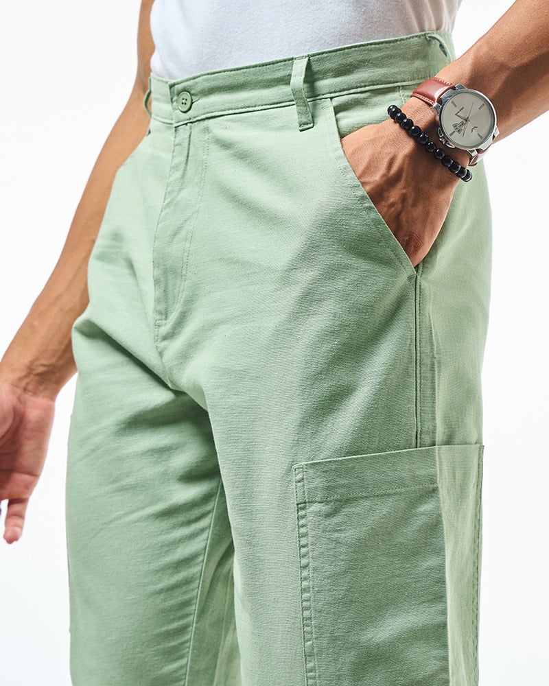 bewakoof Men's Green Cargo Linen Pants - Image 5