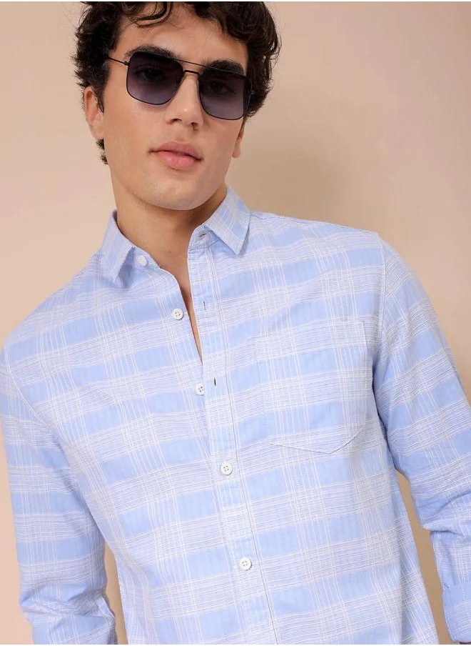 The Indian Garage Co Men Slim Fit Checkered Full Sleeves Cutaway Collar Casual Shirt