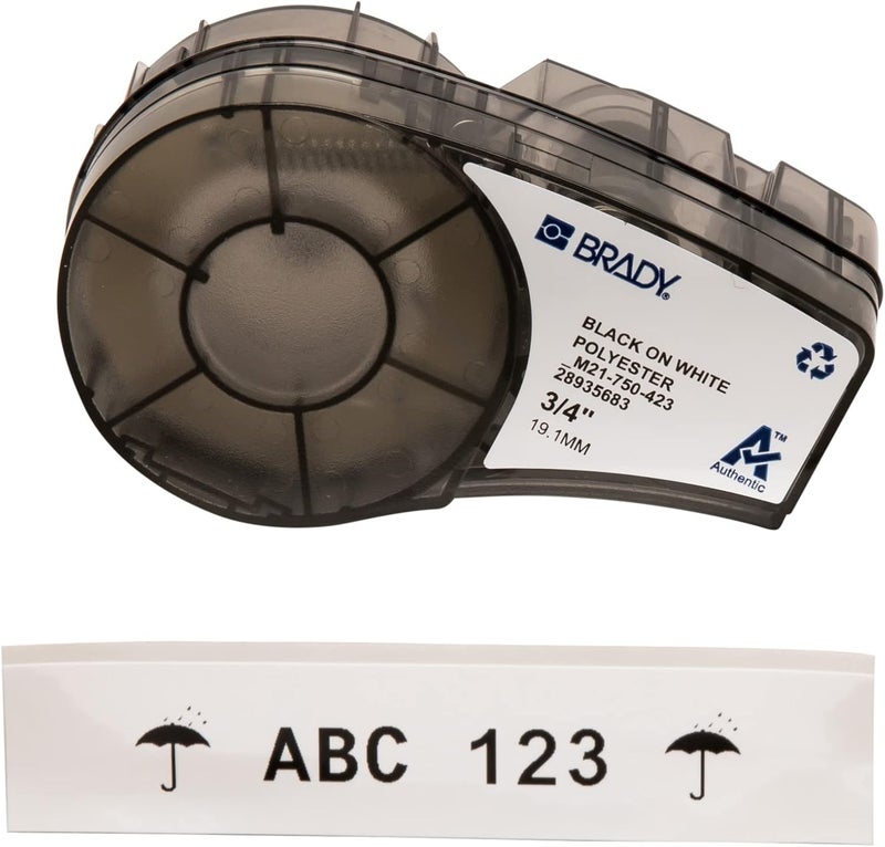 Brady Authentic (M21-750-423) Harsh Environment Polyester Label for Barcode, Solar Panel, Printed Circuit Board, Black on White- For M210, M210-LAB, M211, BMP21-PLUS and BMP21-LAB Printers, .75"W 21'L - Image 1