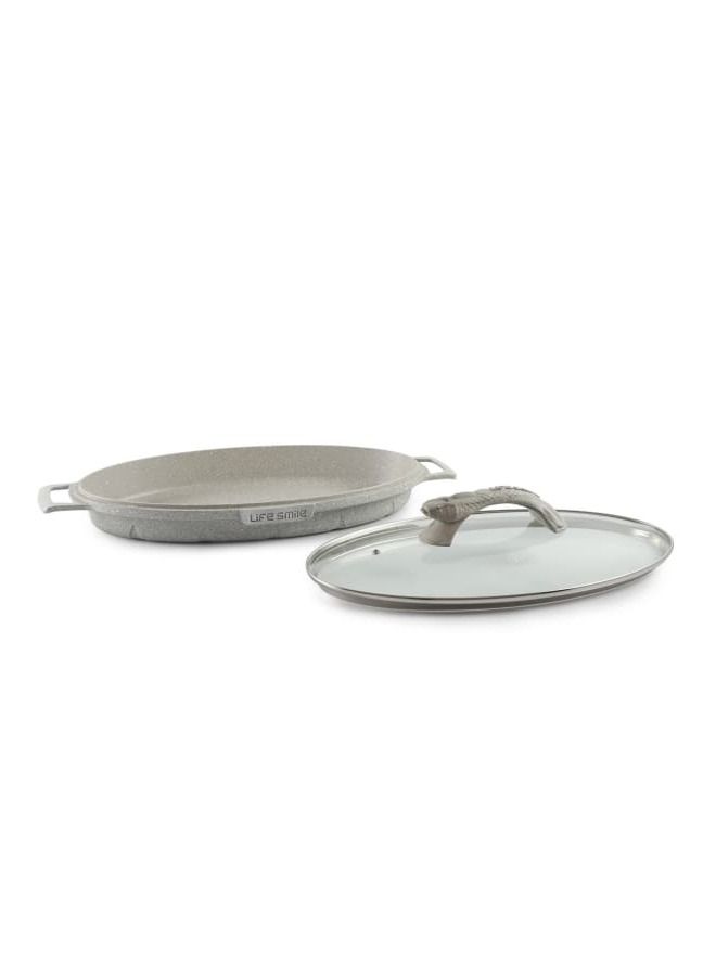 Life Smile Shallow Fish Frying Pan With lid , Granite Coating Non Stick Oval Frying pan - Fish Pan  - Image 1